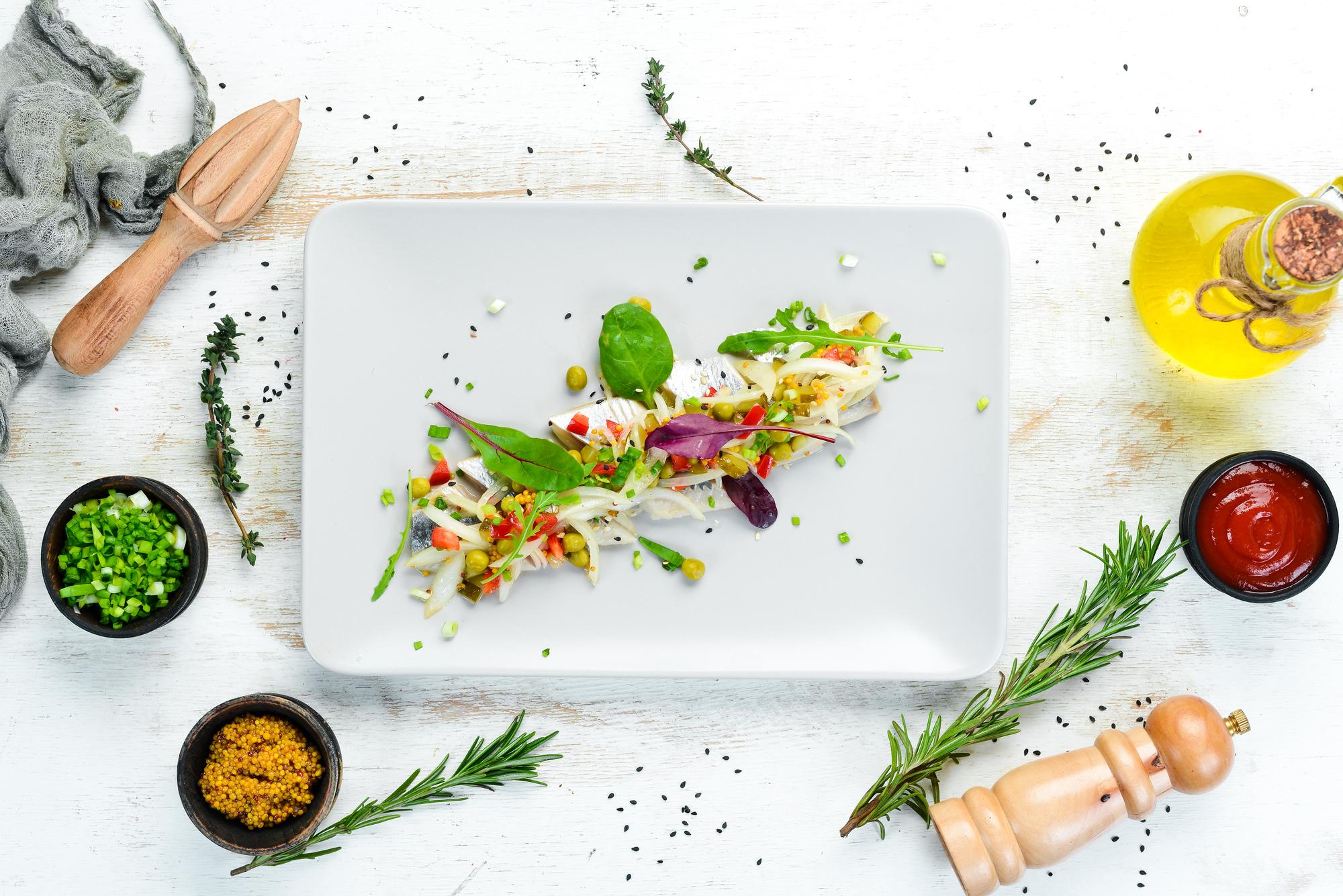 Plated seasonal salad with herbs